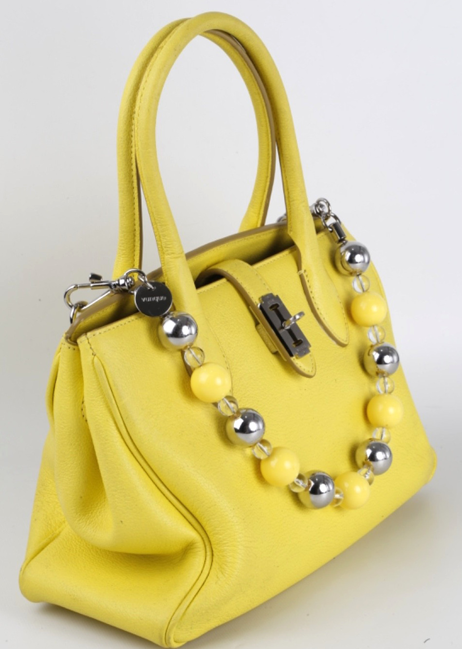 VUNQUE Yellow Leather Toque Tote Bag Beaded Charm Turnlock Satchel Shoulder Bag